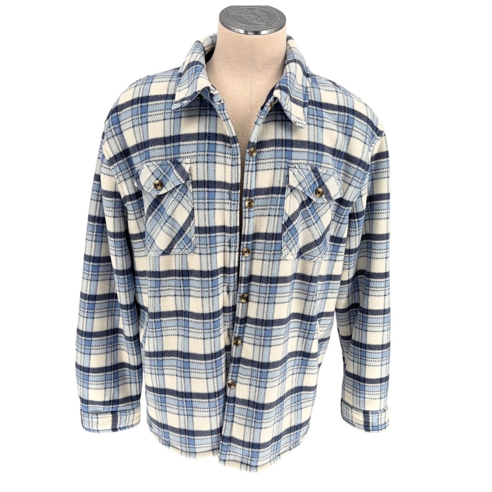 Sage Collective Plaid Sherpa Lined Shacket XXL Blue White Faux Fur Shirt Jacket